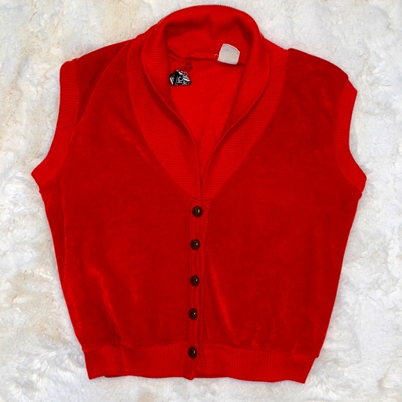 Vintage Tops - 💋 Vintage New York New York Red Velvet Velour Terry Cloth Button Down Vest Top